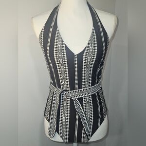 Lemlem Women's Black & White Luchia Deep V Belted One Piece Swimsuit Size Large